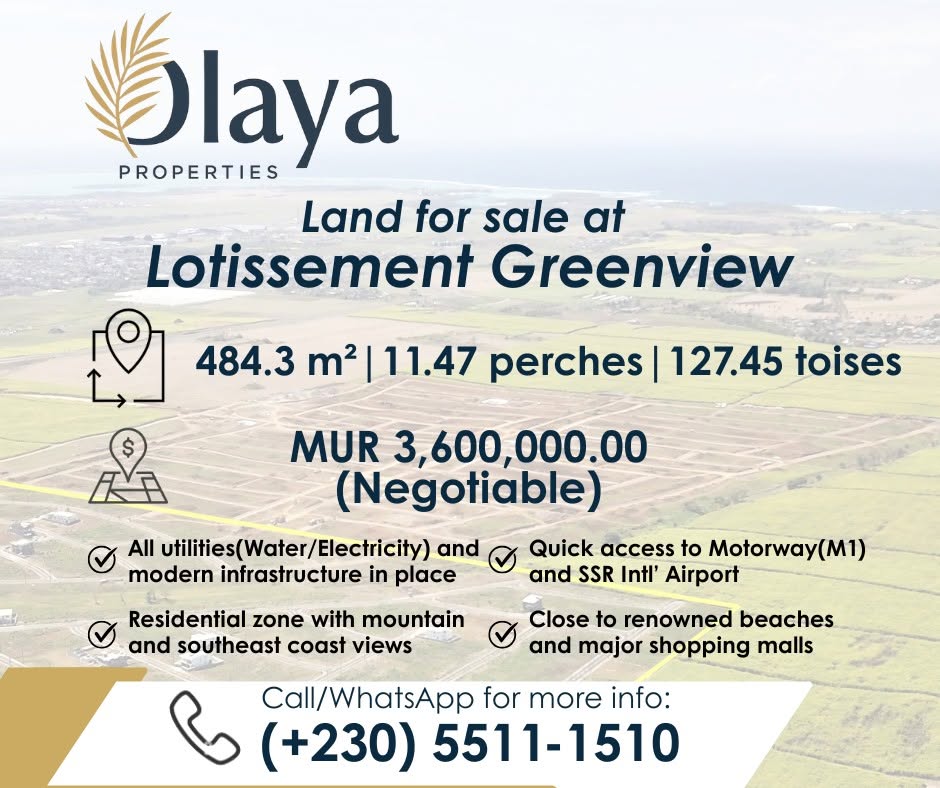 Land for sale at Lotissement Greenview — 484.3 m², 11.47 perches, MUR 3,600,000 negotiable
